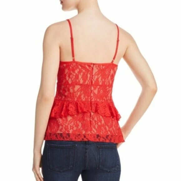 French Connection Size S Red Lace over Nude Ruffle Trim Sleeveless Peplum Top - Picture 2 of 15